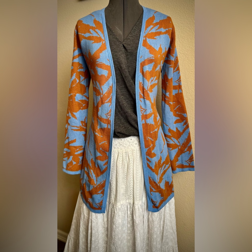 Soft Surroundings Brown Blue Floral Cardigan Sweater Duster XS